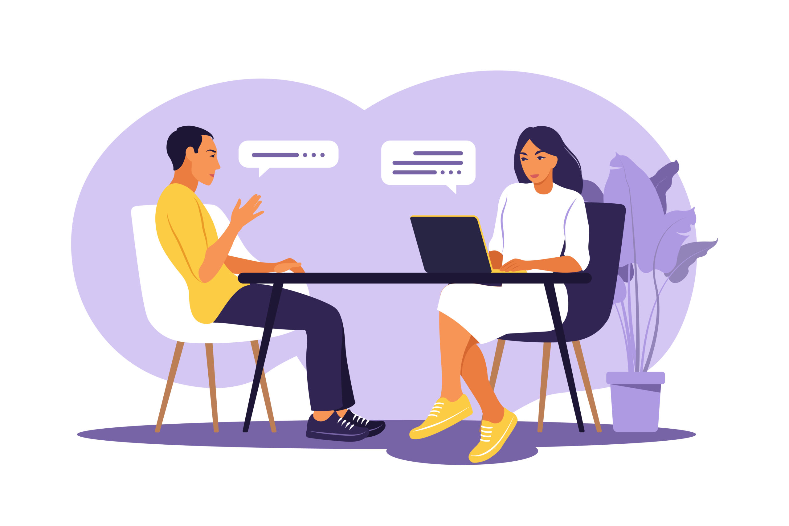 Job interview conversation. Hr manager and job candidate meeting for interview. Vector illustration. Flat. Job interview conversation. Hr manager and job candidate meeting for interview. Vector illustration. Flat.
