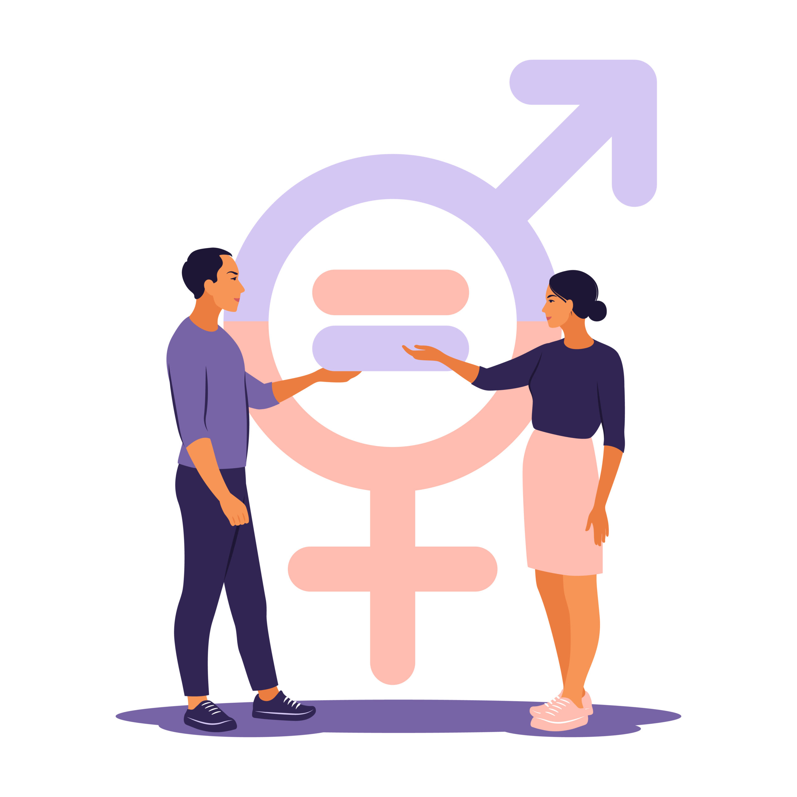 Gender equality concept. Men and women character on the scales for gender equality. Vector illustration. Flat. Gender equality concept. Men and women character on the scales for gender equality. Vector illustration. Flat.